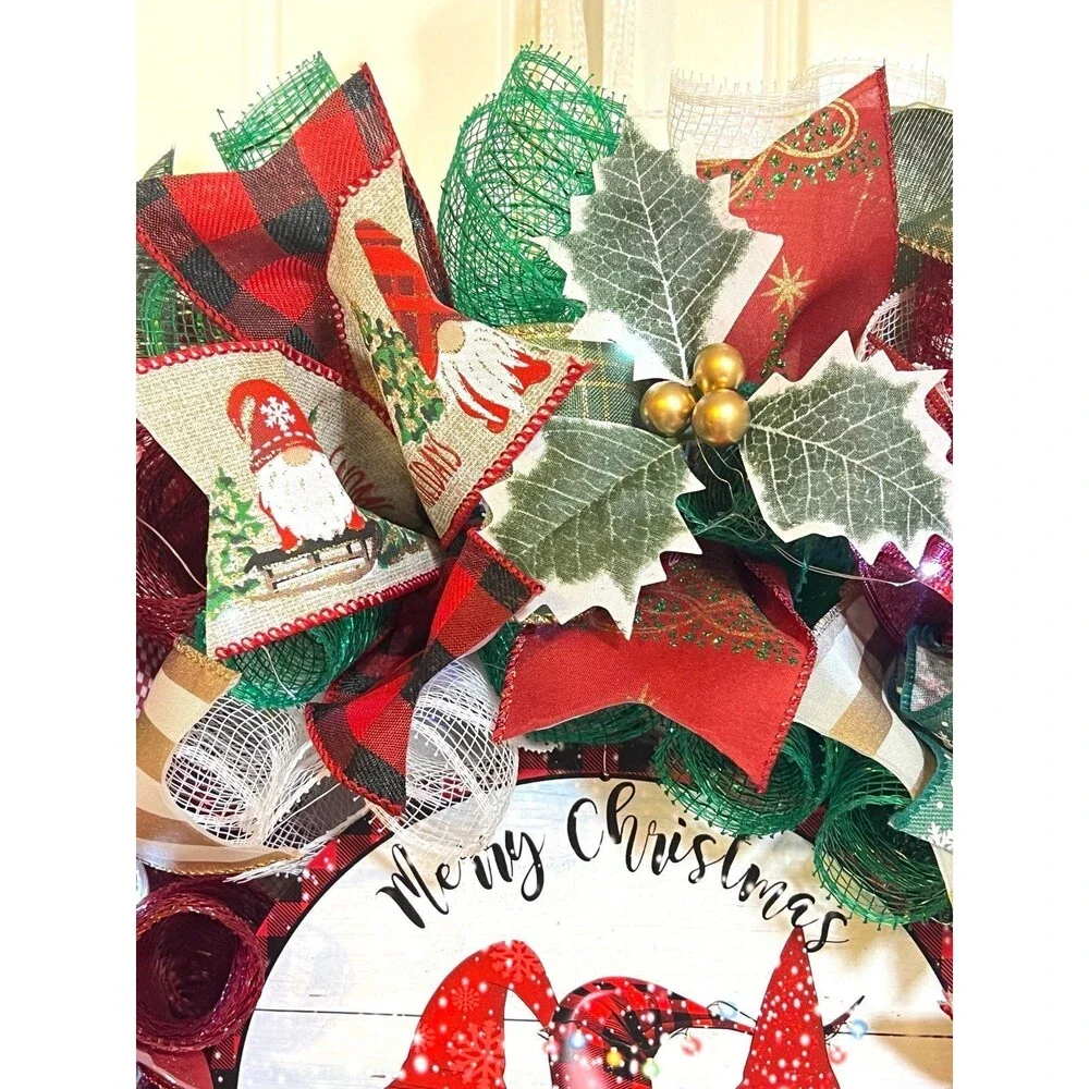 Handmade Christmas Tree Gnome Holiday Ribbon Door Wreath 22 ins W71